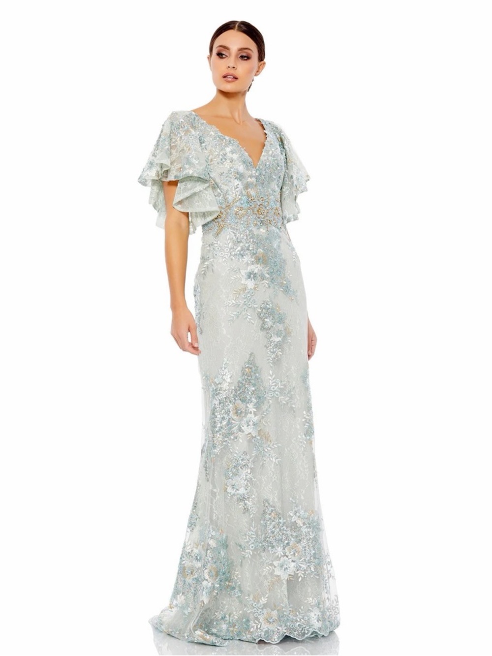 Mac Duggal Size 16 Embroidered Lace Flutter-Sleeve Evening Dress in Seafoam